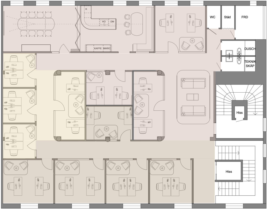 Kontor i två våningar med mjuka runda former och lättillgängliga gemensamhetsytor